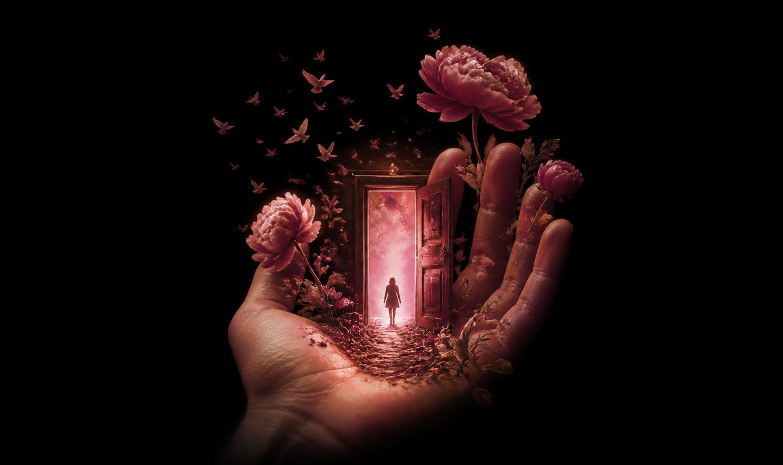An outstretched hand cradling a glowing doorway with a distant figure walking into pink light, peonies and small birds around it