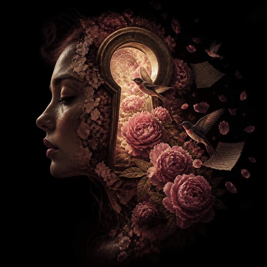 A woman's profile dissolving into a giant glowing keyhole spilling peonies, birds and drifting letters